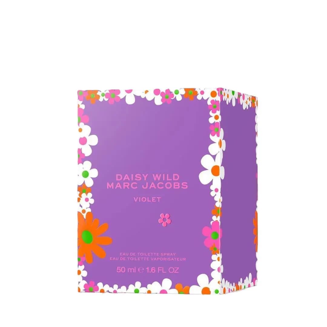 Purple Daisy Wild Marc Jacobs Violet box with white, pink and orange daisy border and 50 ml size marking