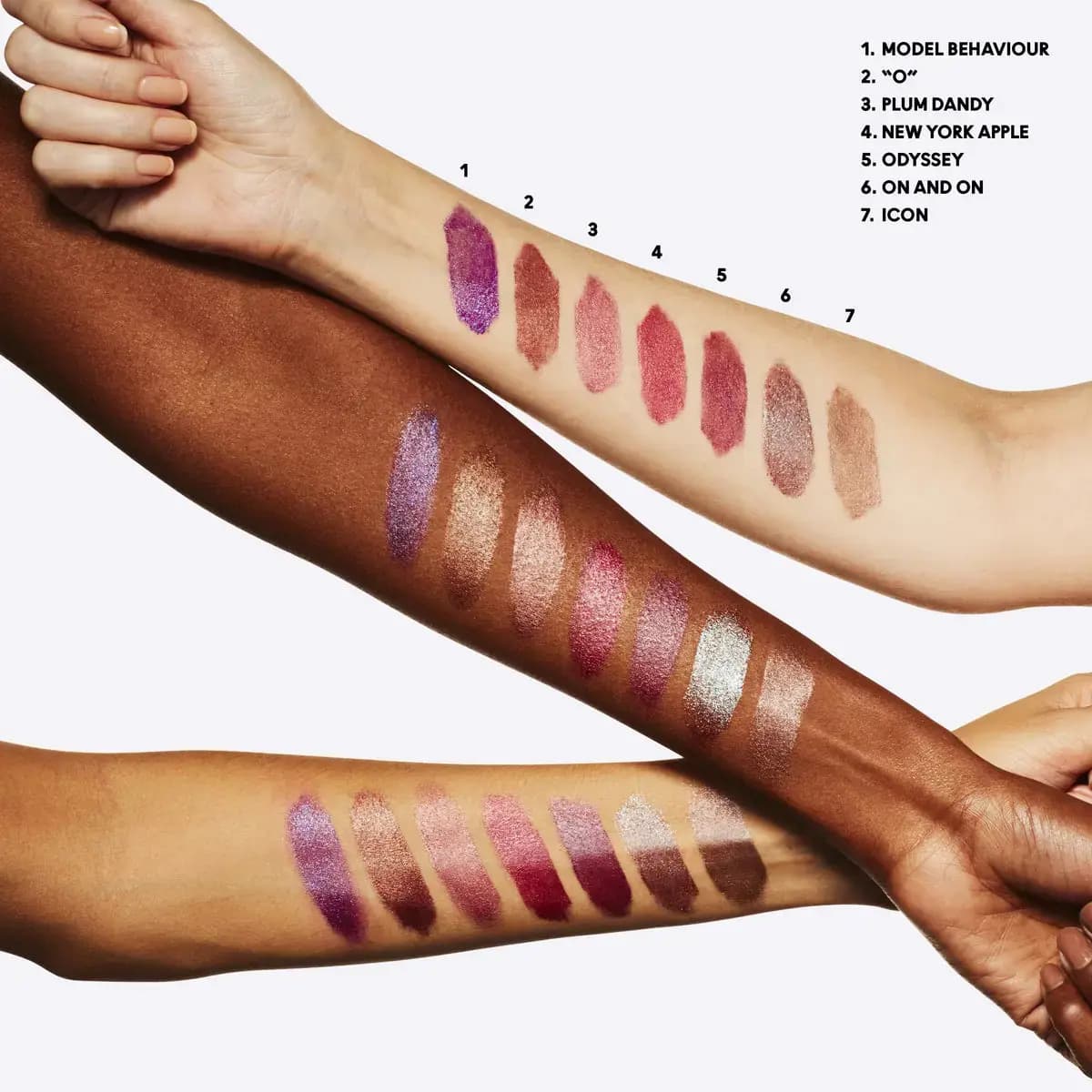 Arm swatches of Model Behaviour, "O", Plum Dandy, New York Apple, Odyssey, On and On and Icon on three skin tones