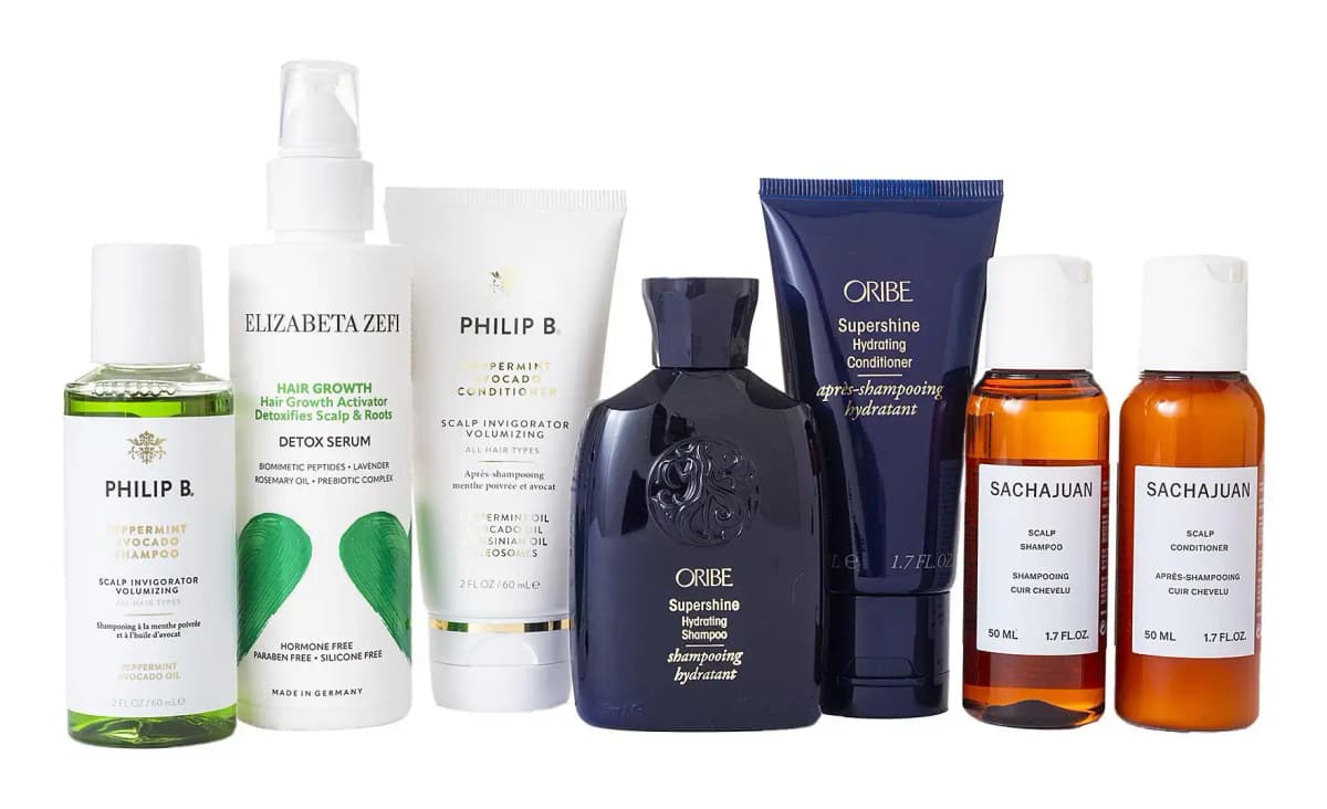 Philip B, Elizabeta Zefi, Oribe Supershine and Sachajuan scalp shampoo and conditioner hair care bottles