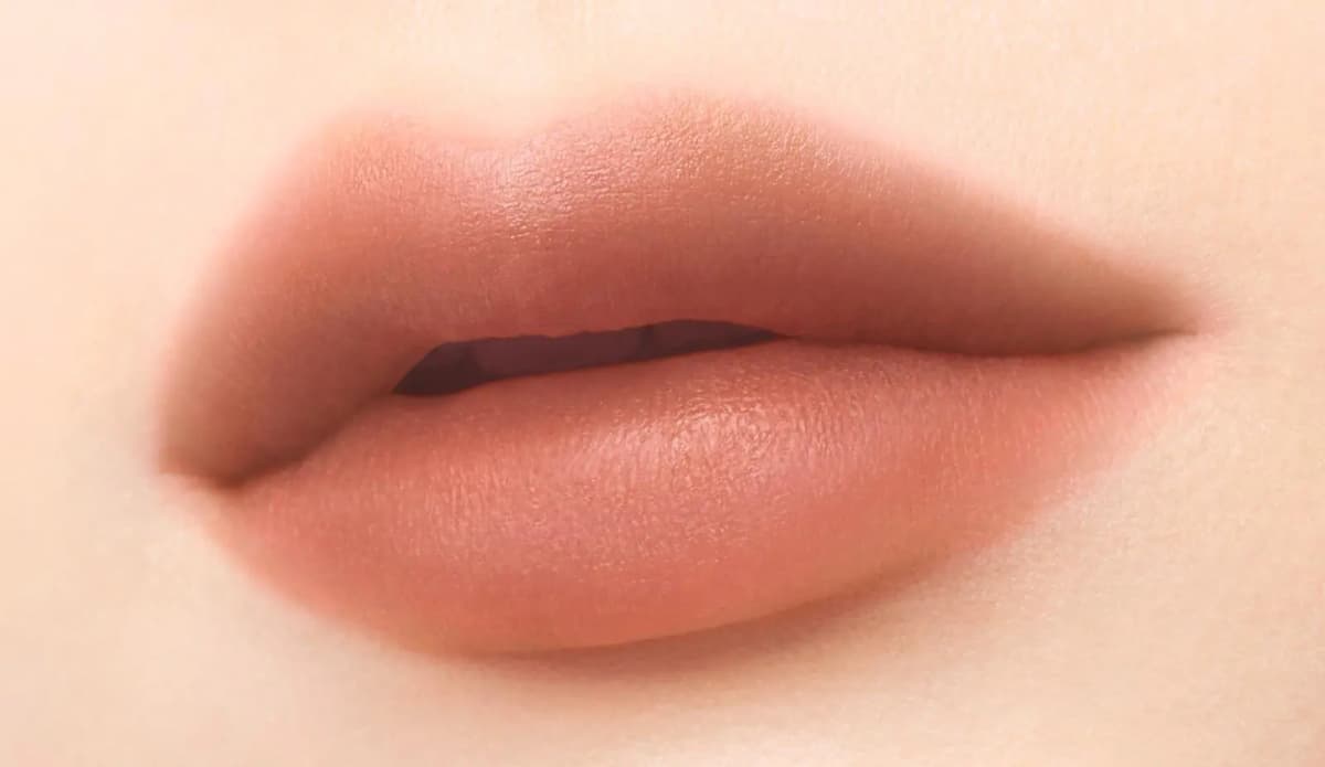 Close-up of lips wearing a sheer, soft matte warm cinnamon-brown nude shade with a blurred finish