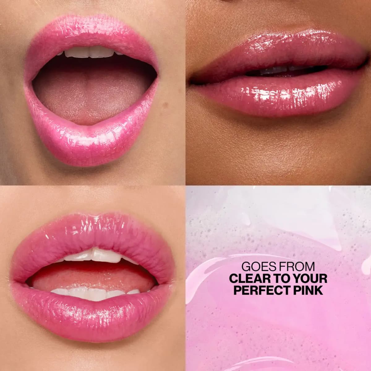 Grid of three glossy pink lips on different skin tones beside a pink gloss texture swatch reading "Clear to your perfect pink