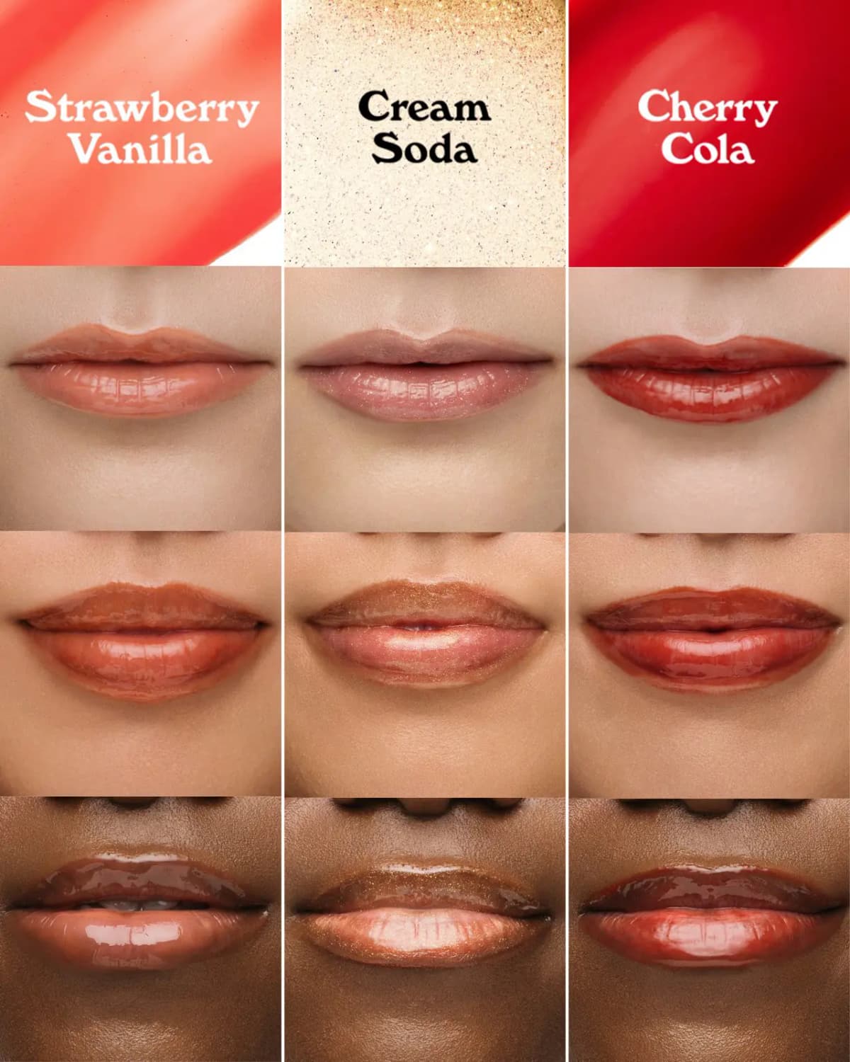 Strawberry Vanilla, Cream Soda and Cherry Cola swatches over glossy lips in three skin tones