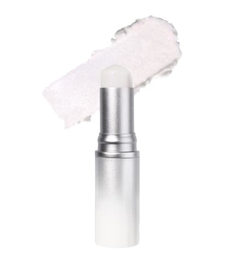 Silver stick with clear balm-like bullet beside a shimmering white pearl swatch