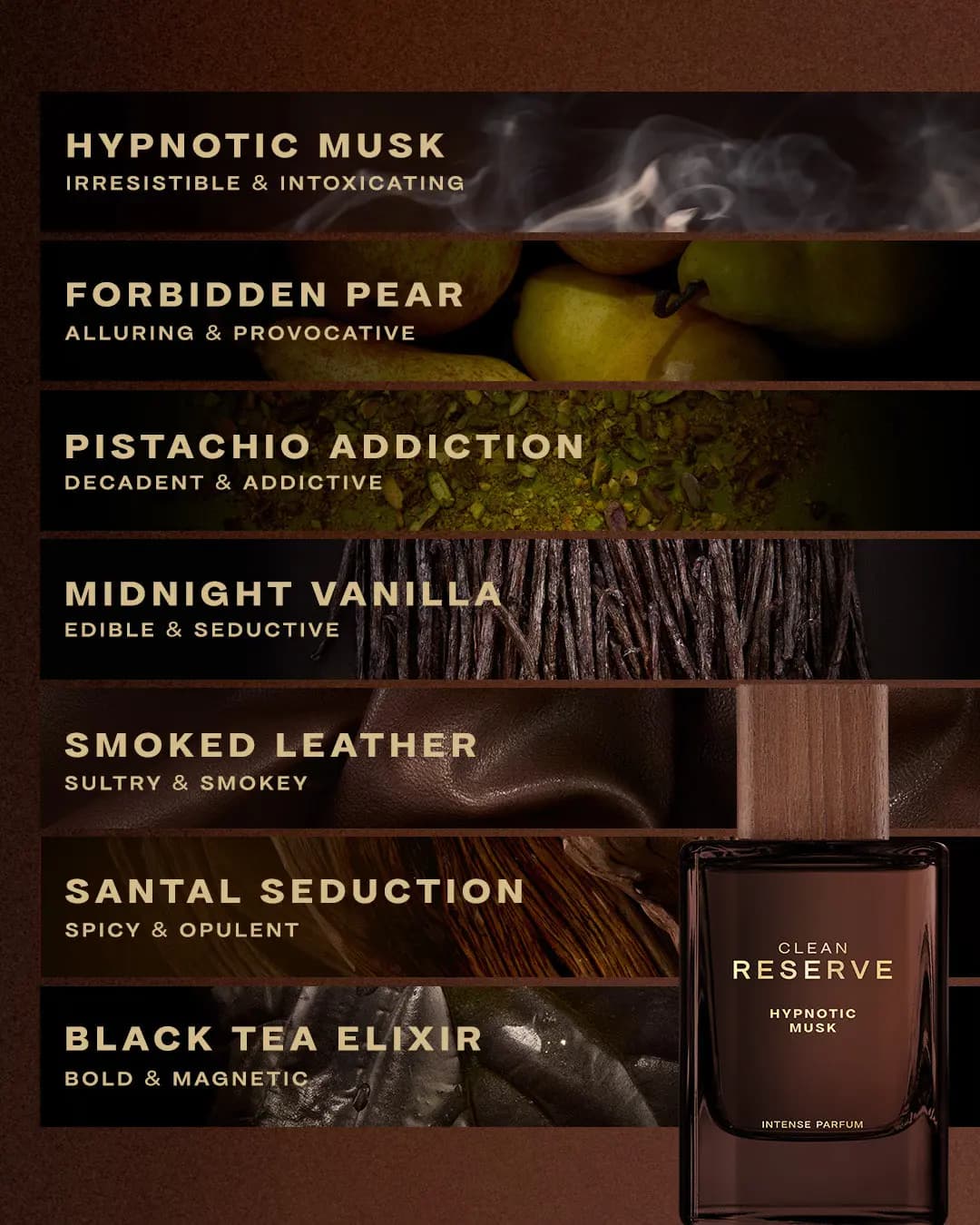Dark collage listing seven scents including Hypnotic Musk and Smoked Leather
