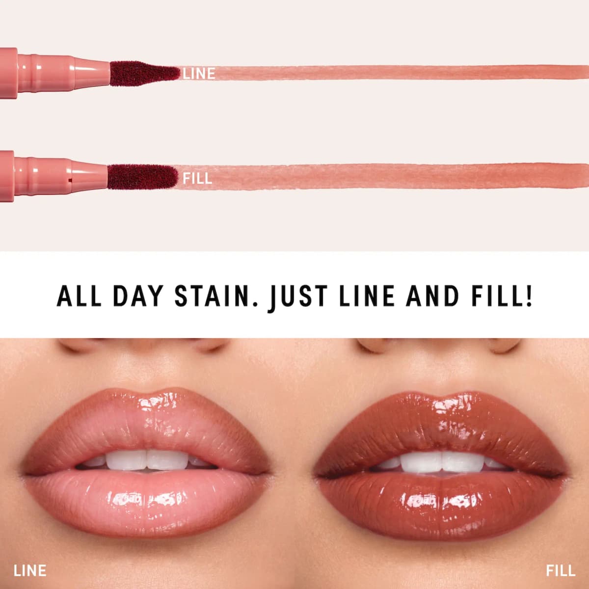 Pink marker drawing thin Line and wide Fill swatches above glossy lips showing liner then full color