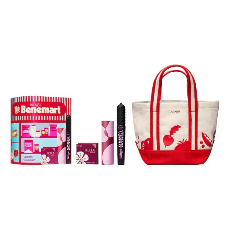 Benefit The Benemart shop box with Hoola bronzer, pink stick, BADgal BANG! mascara and red-and-cream canvas tote