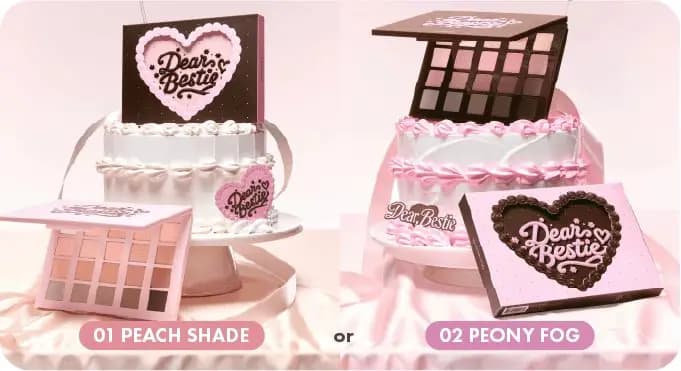 Dear Bestie palettes 01 Peach Shade in pink case and 02 Peony Fog in brown case displayed on frosted white cakes