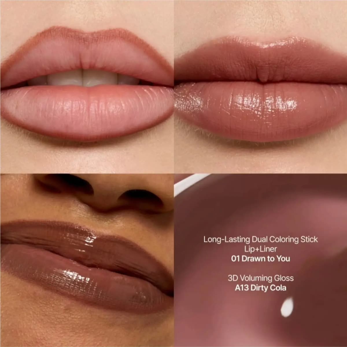 Lips lined in 01 Drawn to You, then topped with glossy brown A13 Dirty Cola gloss, shown on light and deeper skin.
