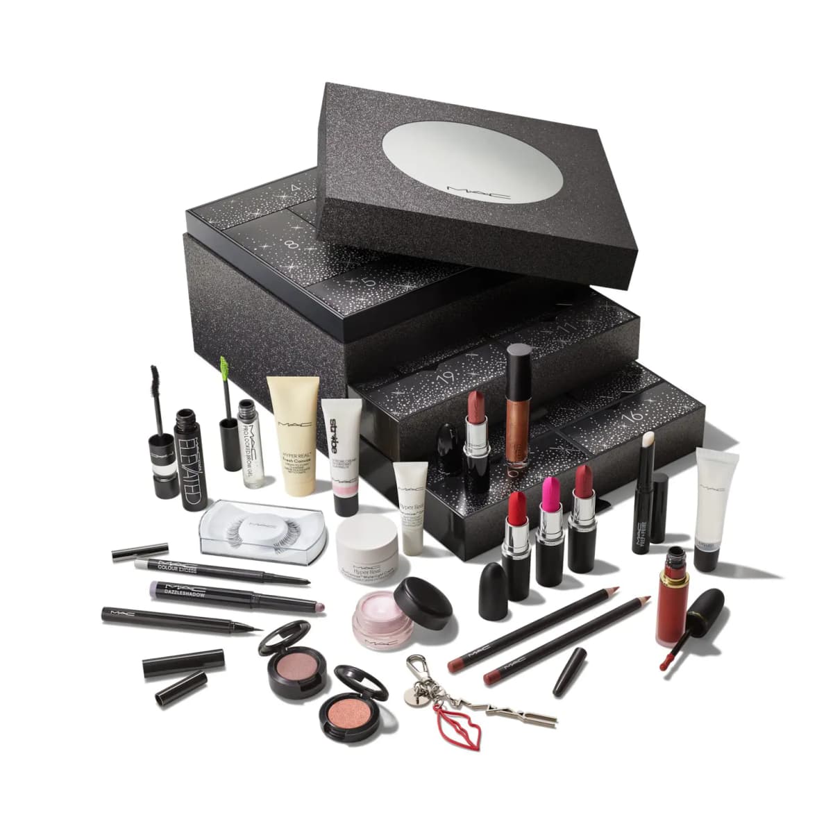 24 Days Of M·A·C Icons Advent Calendar, black glitter drawers and mirror lid, with lipsticks, liners and skincare minis