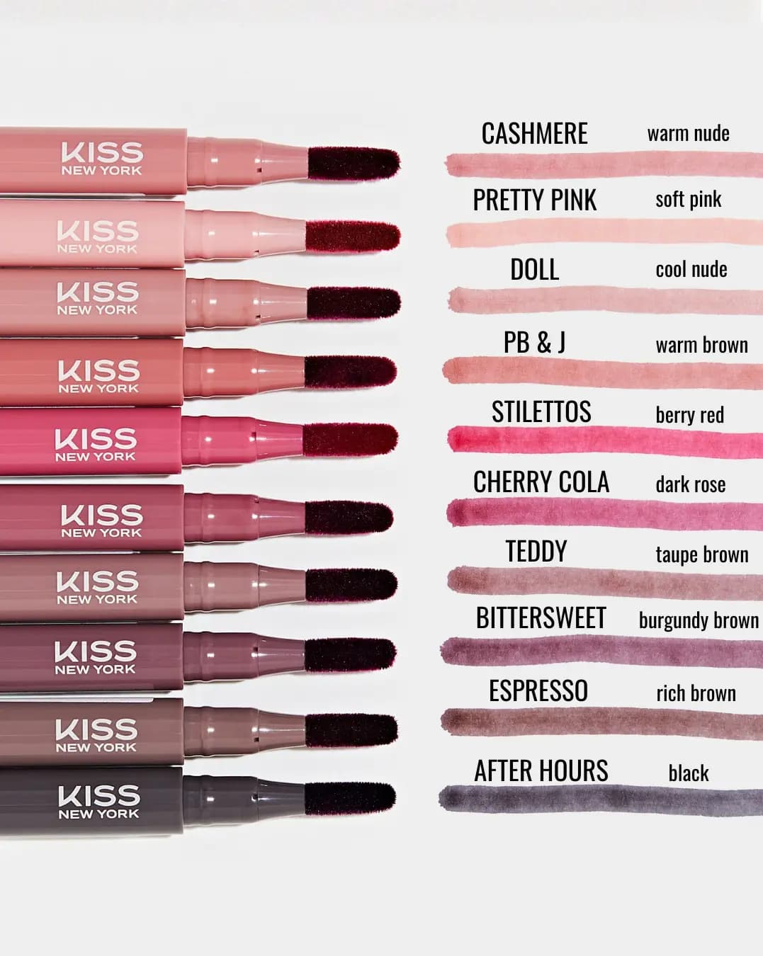 Ten KISS NEW YORK lip stain markers with labeled swatches from Cashmere warm nude to After Hours black