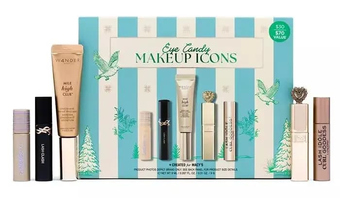 Eye Candy Makeup Icons Set in a teal-striped box marked $30 / $70 value, with five mascaras, including a heart-capped Dolce & Gabbana tube