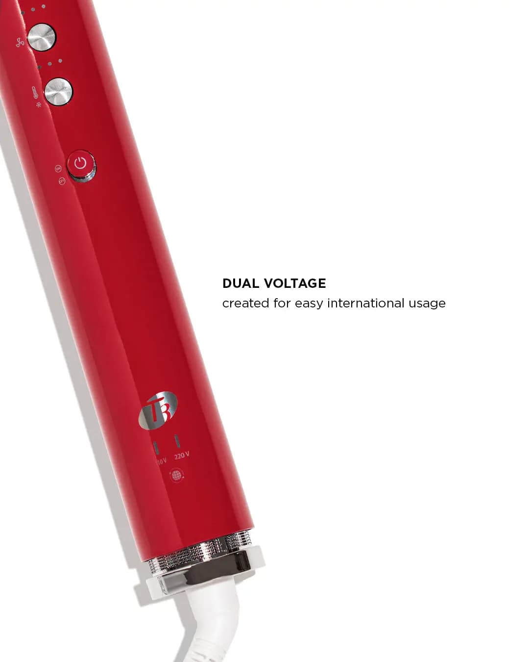 Close-up of the glossy red handle with T3 logo, buttons and 110V/220V switch, captioned Dual Voltage
