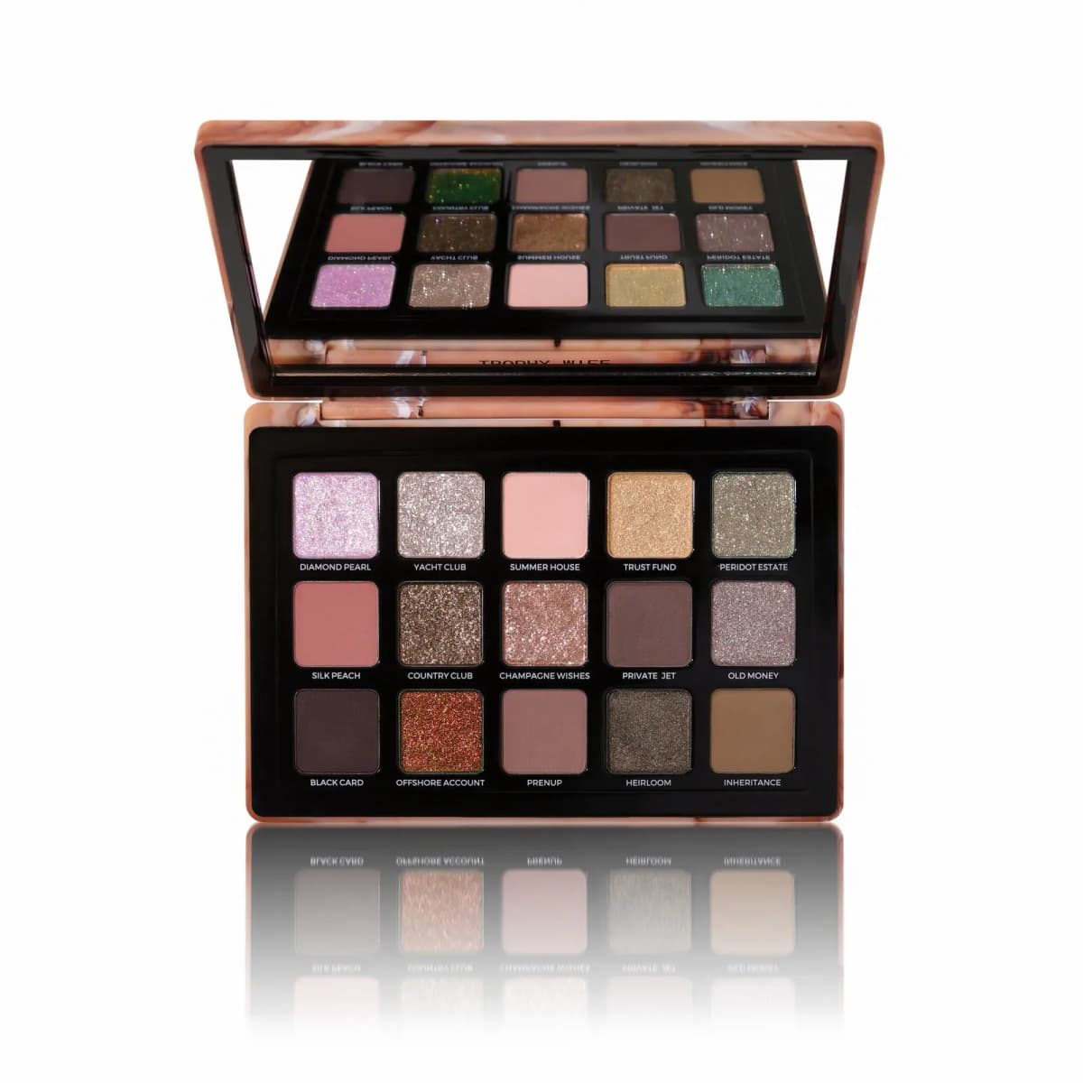 Open palette with mirror lid reflecting shimmer, matte and glitter shades including pink, champagne, copper and taupe