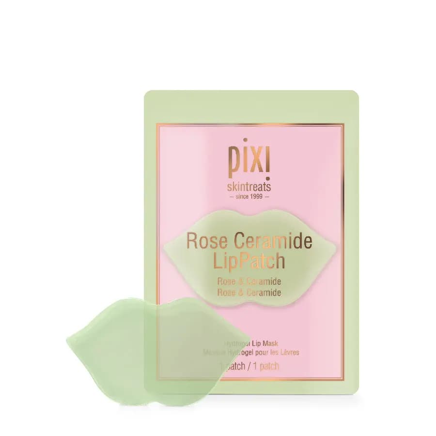 Pixi Rose Ceramide LipPatch hydrogel lip mask, mint lip-shaped patch in front of a pink and mint sachet