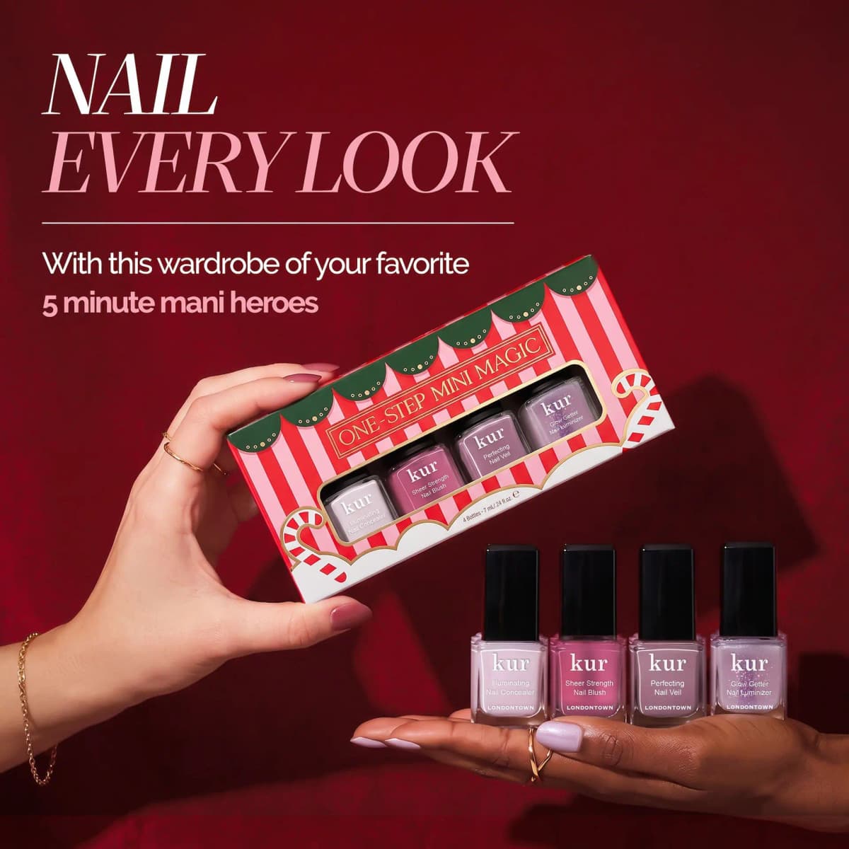 Hands hold One-Step Mini Magic box and four kur bottles under 'Nail Every Look, 5 minute mani heroes' text
