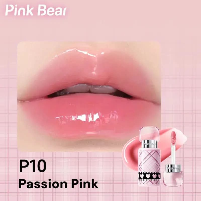 Glossy pink lip swatch labeled P10 Passion Pink with the matching plaid gloss bottle.