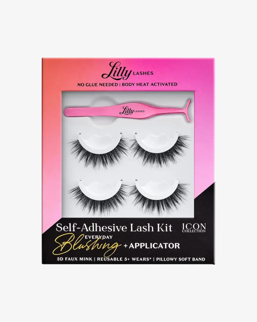 Lilly Lashes Blushing Self-Adhesive Lash Kit box in pink-orange gradient with two lash pairs and a pink applicator