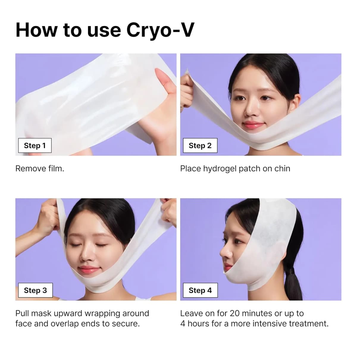 Four-step visual guide showing how to remove film, place hydrogel, wrap the mask, and wear for 20 minutes.