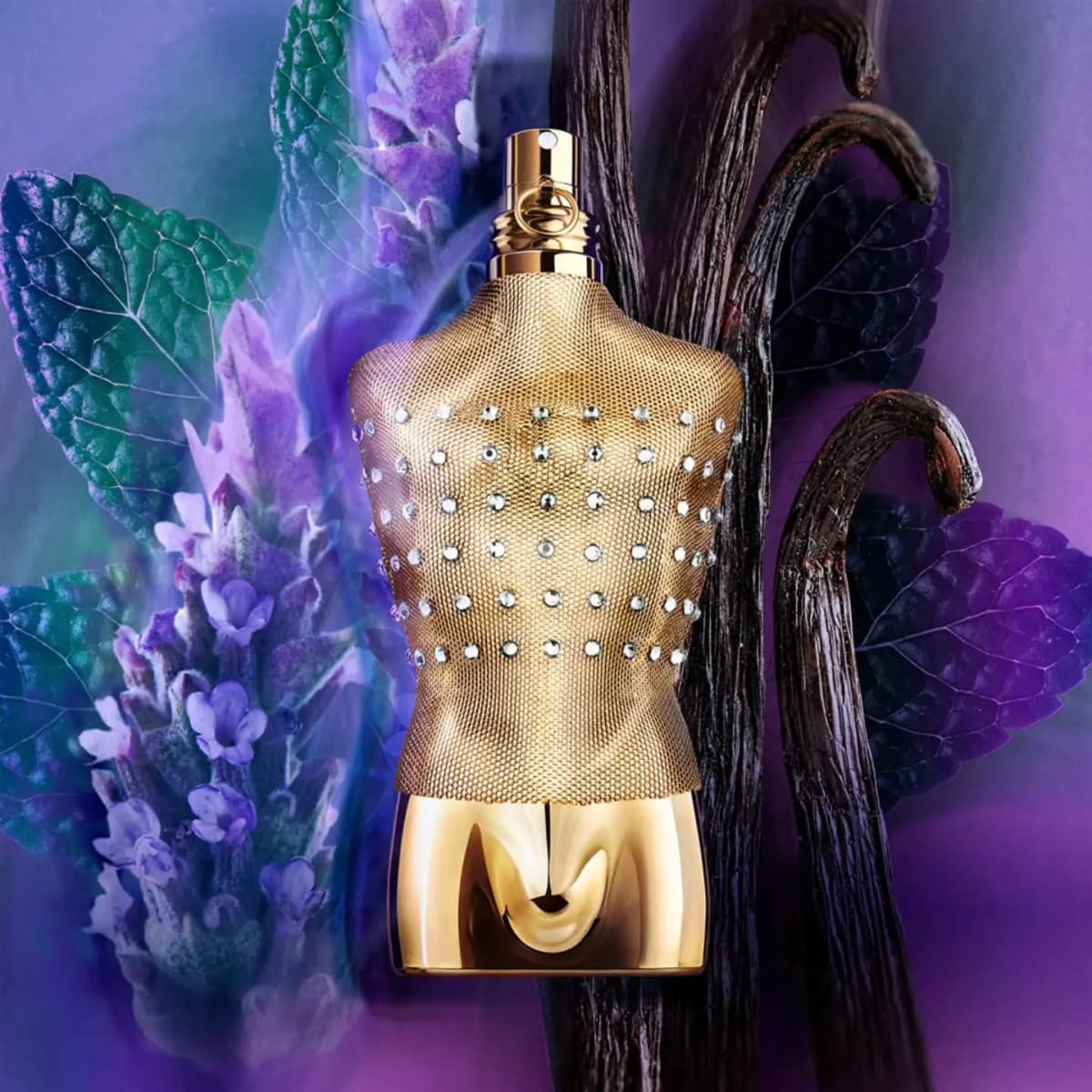 Le Male collector bottle with clear crystal rows on gold mesh, set against lavender, mint leaves and vanilla pods