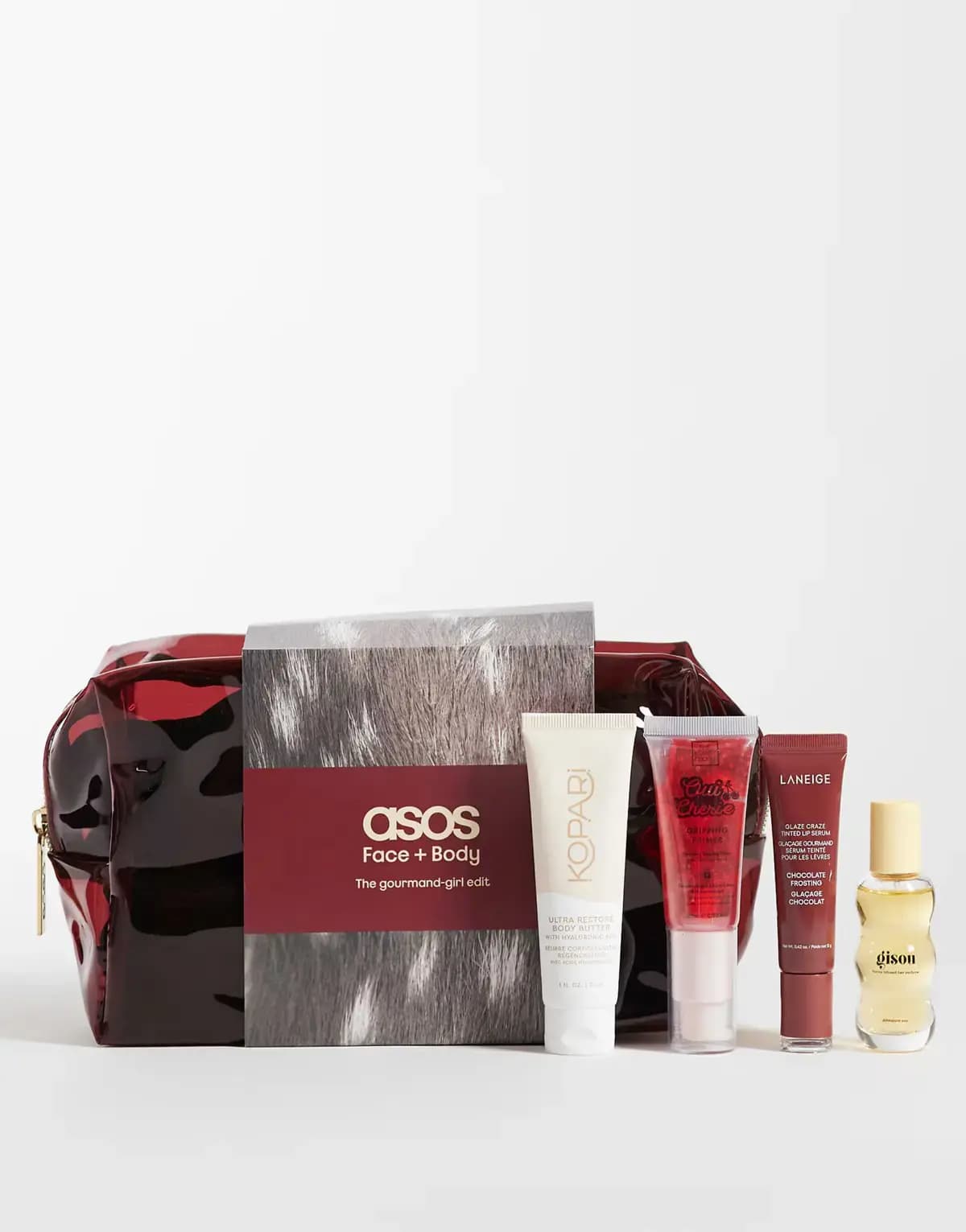 ASOS Gourmand-Girl edit with pony-print sleeve, Kopari body butter, red Oui Cherie gloss, Laneige lip serum and Gisou oil