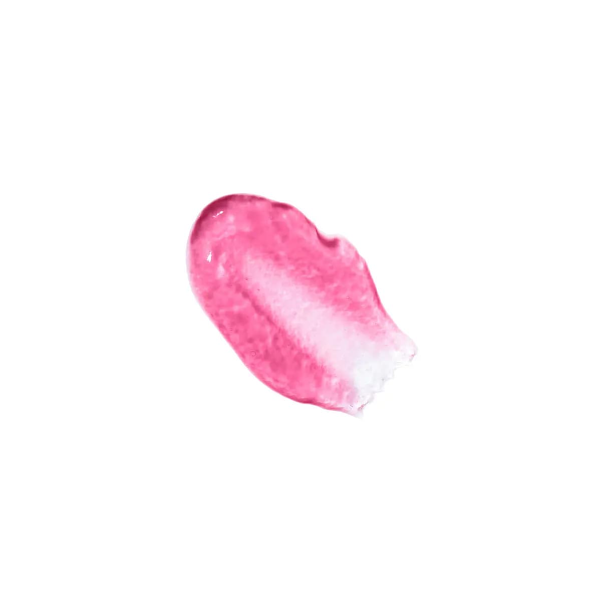 Glossy swatch of sheer magenta-pink lip oil smeared on white, fading to a pale wash at one edge.