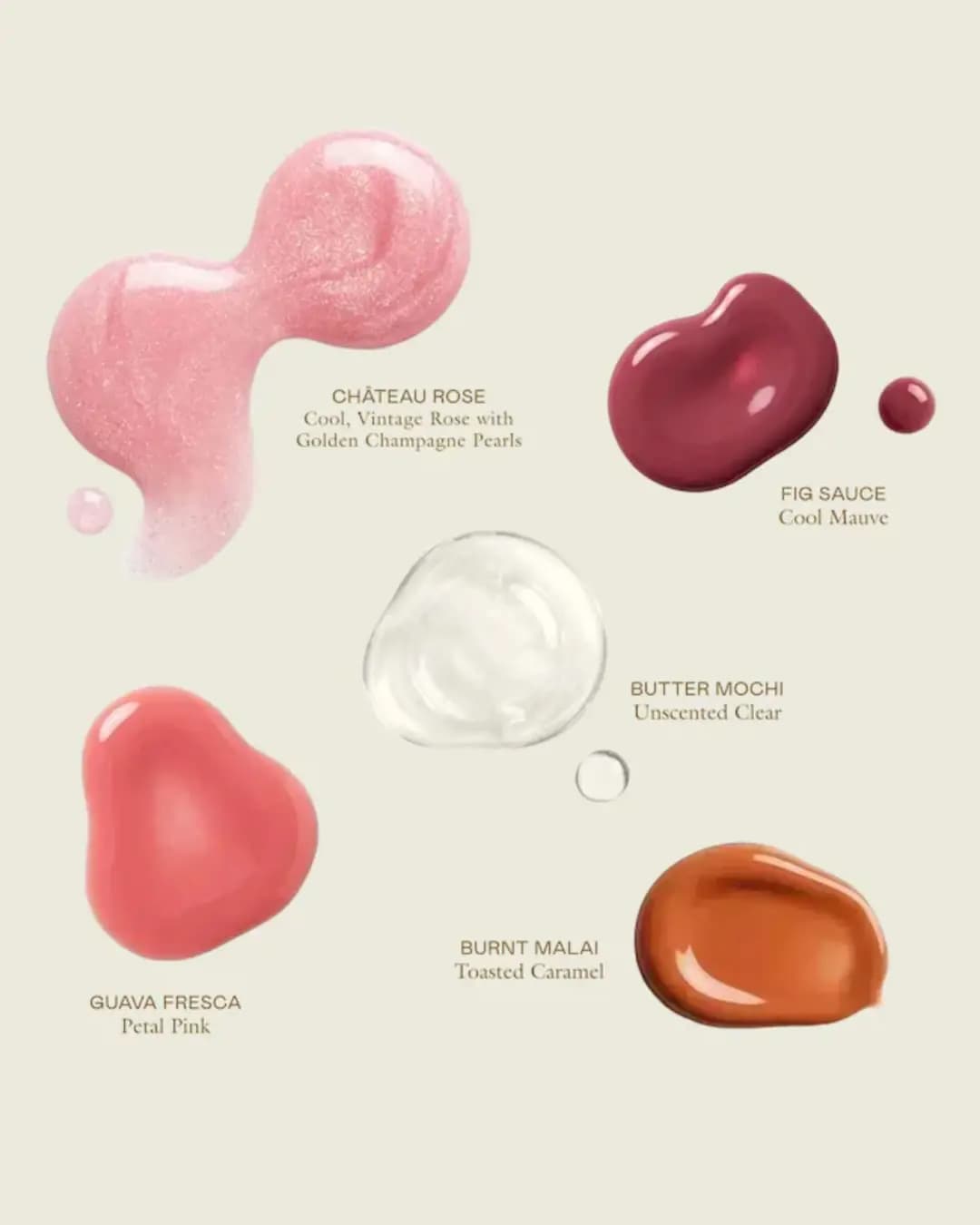 Glossy swatches of Château Rose, Fig Sauce, Butter Mochi, Guava Fresca and Burnt Malai on a cream background