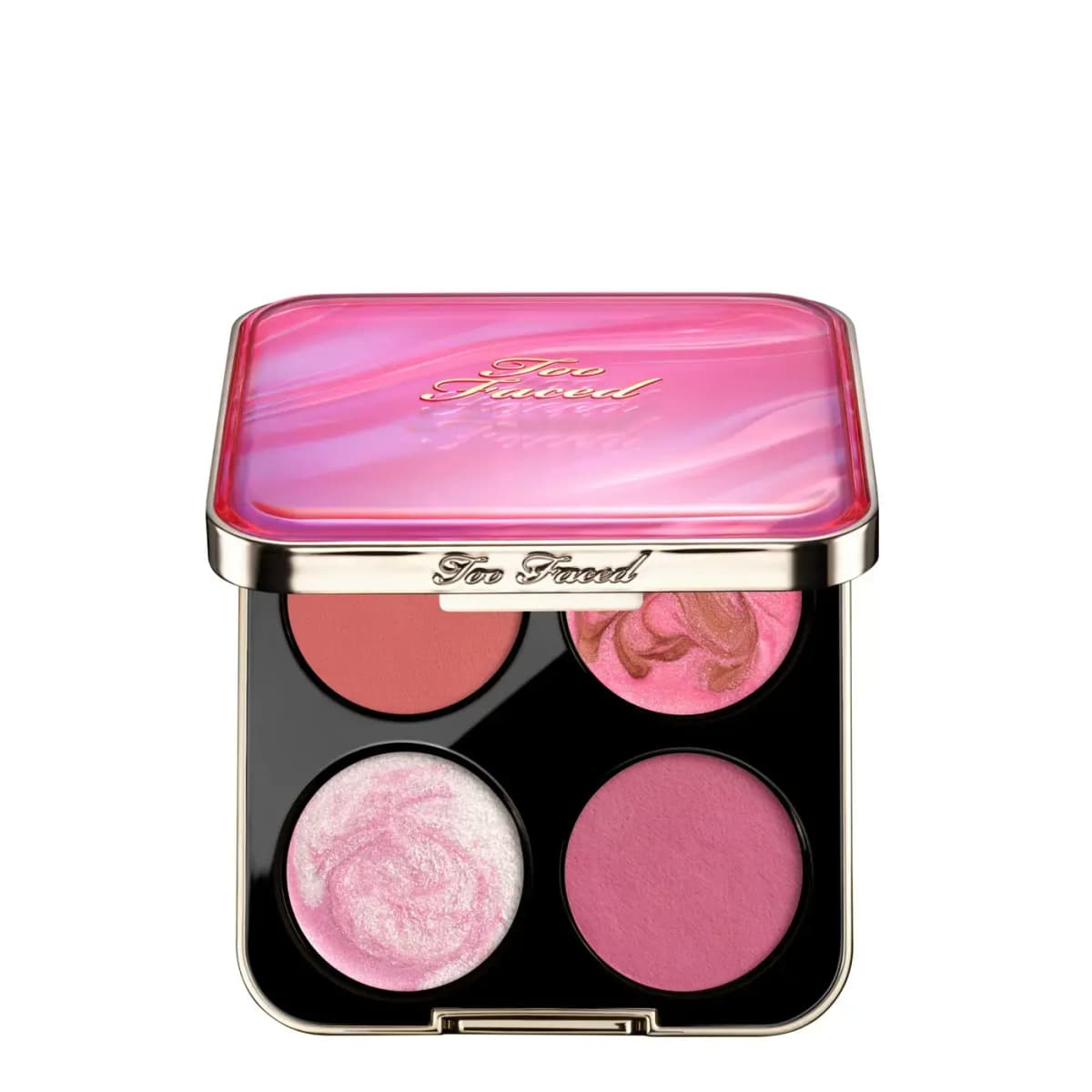 Open square palette with marbled pink lid featuring two blushes and two swirled cream highlighters.