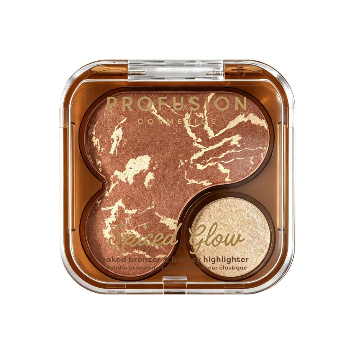 Profusion Spiced Glow compact with marbled bronze baked bronzer and a pale gold bouncy highlighter.