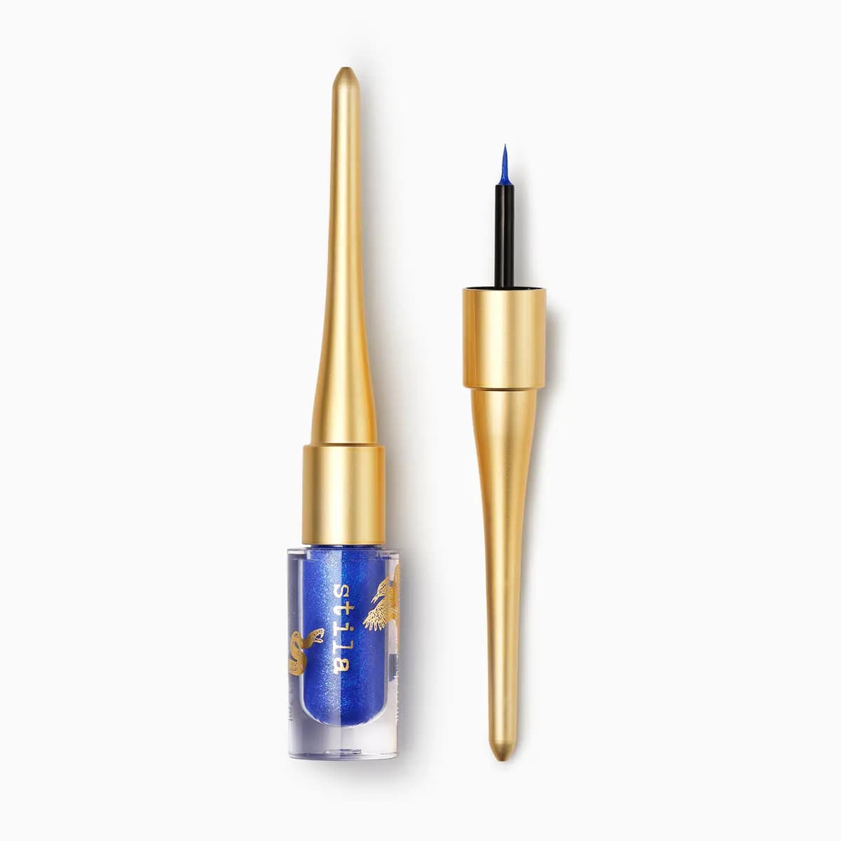 Shimmering royal blue liquid eye liner in a clear vial with a long tapered gold handle and fine black brush