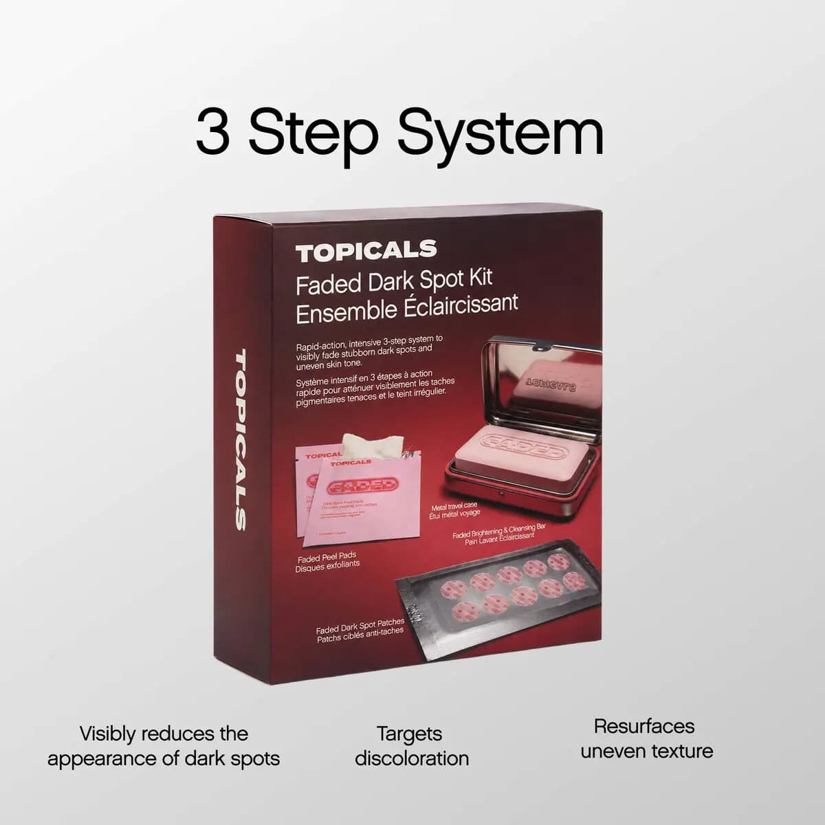 Burgundy Topicals kit box under a 3 Step System heading, with claims on dark spots, discoloration and uneven texture