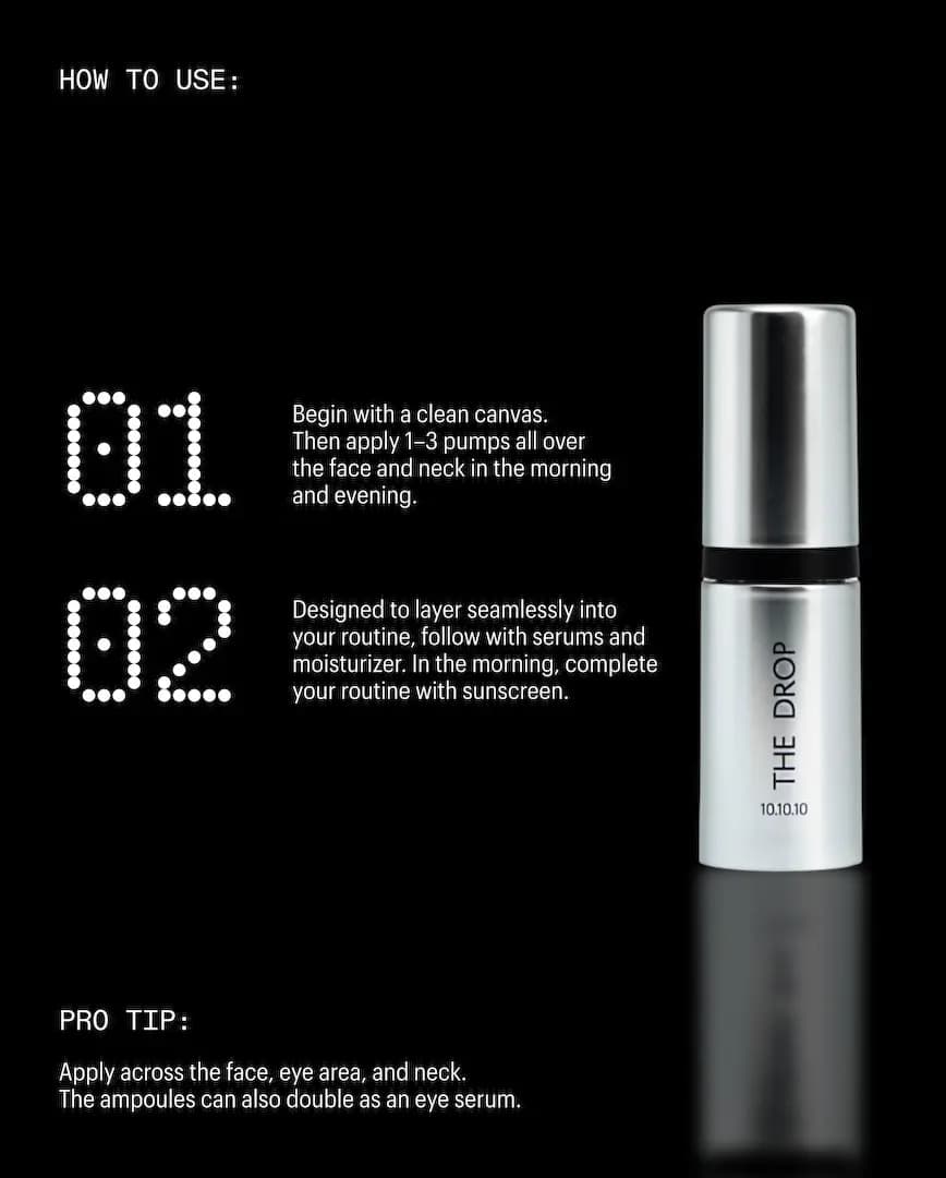 How-to-use guide on black: 1–3 pumps morning and evening, then serums, moisturiser and sunscreen, beside ampoule