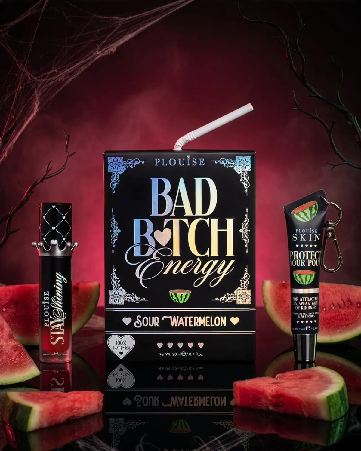 Bad B*tch Energy Sour Watermelon juice-box set with Stay Shining lip oil and Protect Your Pout balm among watermelon