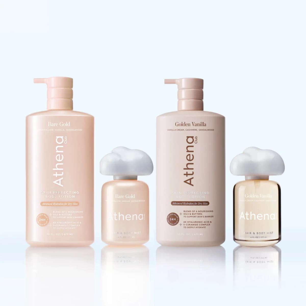 Bare Gold and Golden Vanilla lotions and mists lined up side by side on a pale blue background