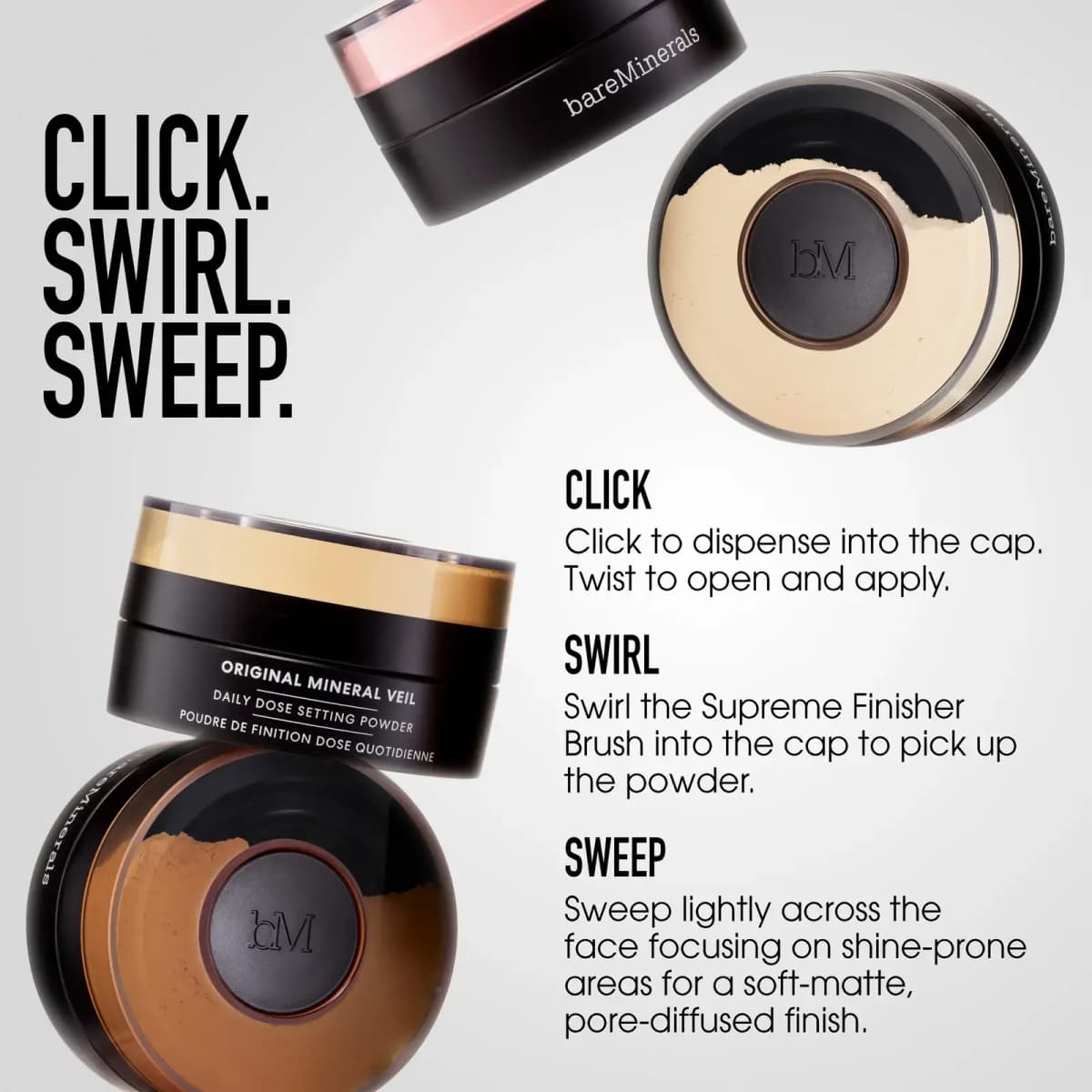 Floating jars in light, pink, golden and deep shades with Click, Swirl, Sweep application instructions