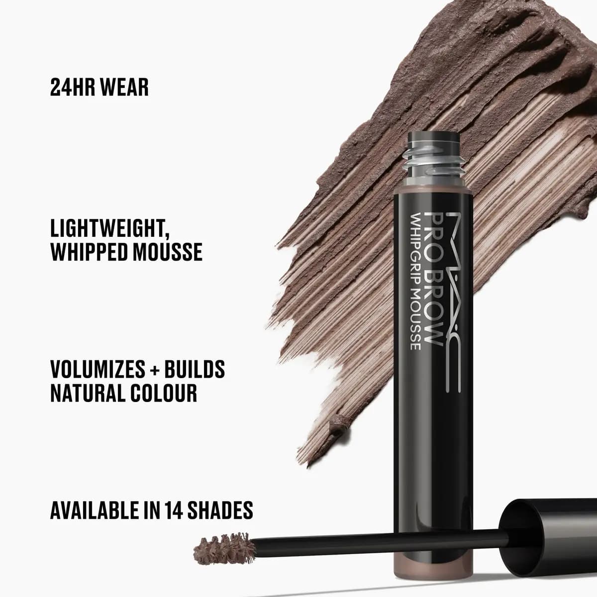 MAC WhipGrip Mousse tube on dark swatch with text noting 24hr wear, whipped formula and 14 shades