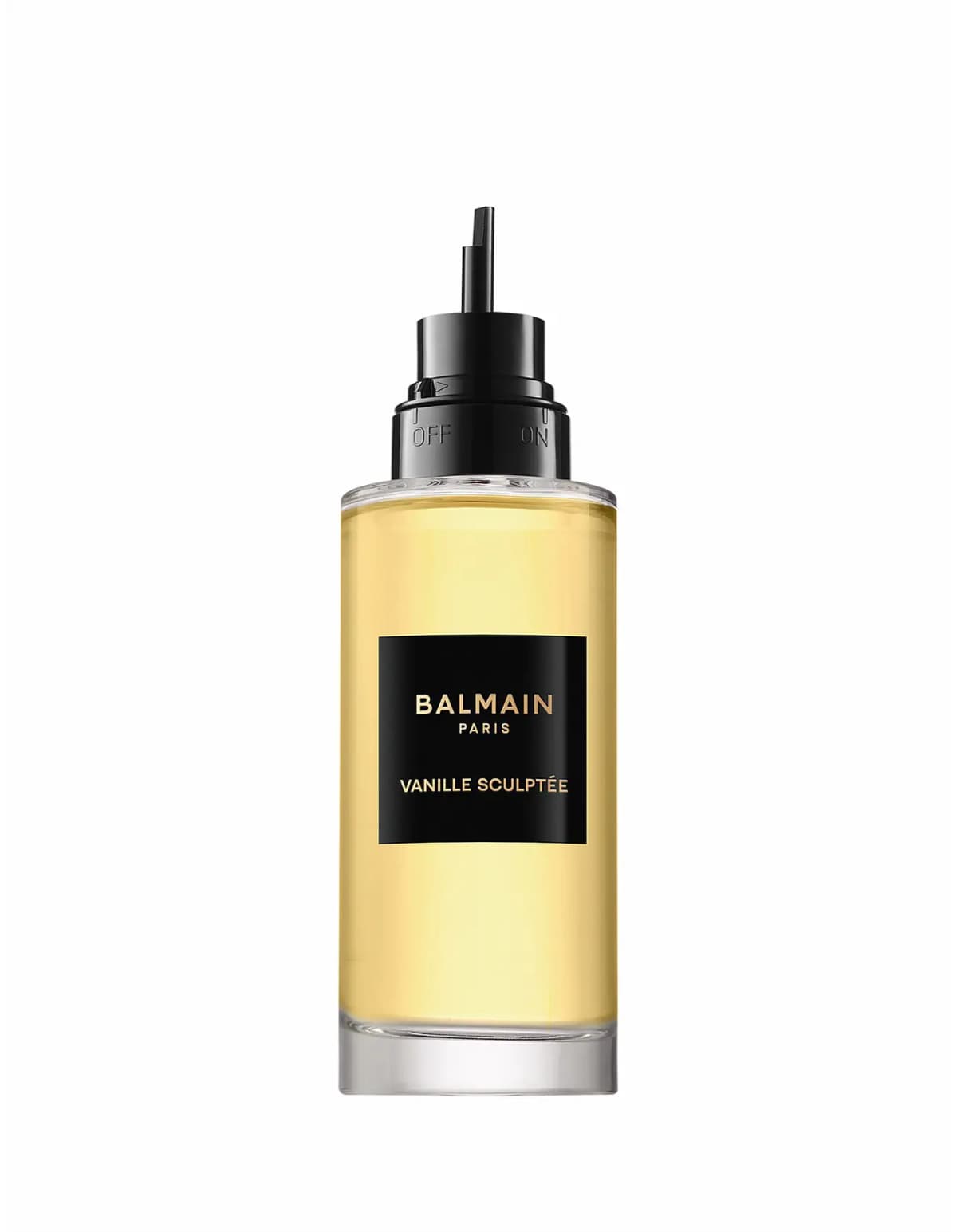 Balmain Vanille Sculptée refill bottle with pale yellow juice, black label and black OFF/ON pump top