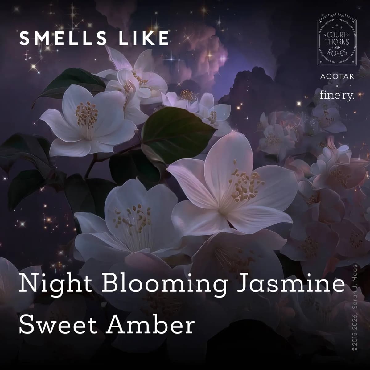 White night-blooming jasmine flowers against a starry purple sky with text Night Blooming Jasmine and Sweet Amber