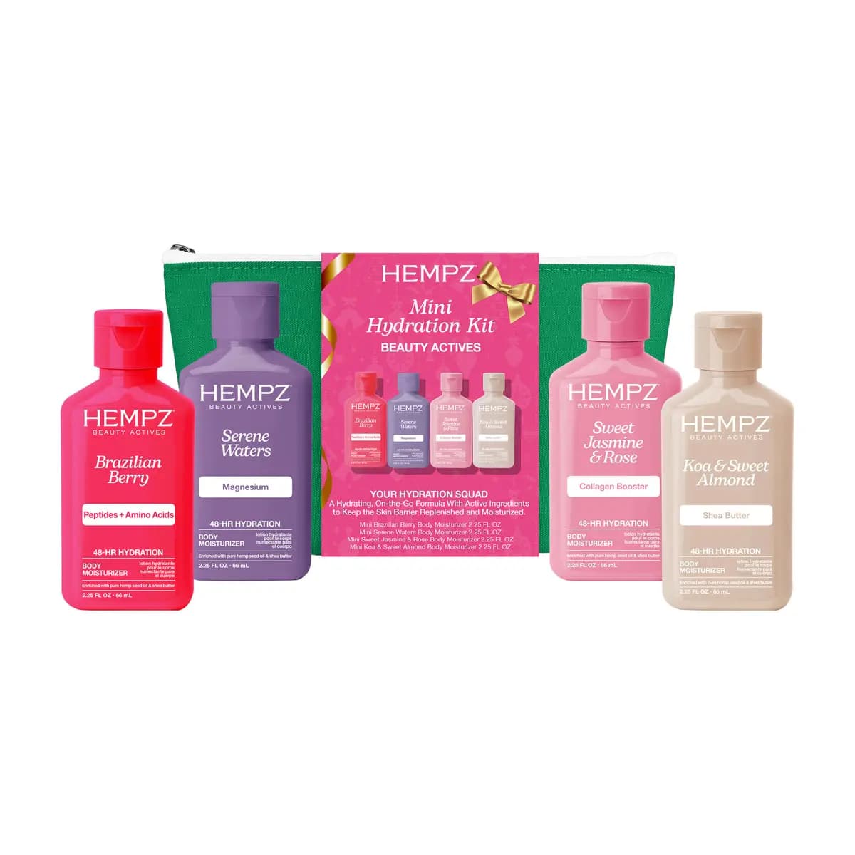 Mini Hydration Kit contents shown: pink Brazilian Berry, purple Serene Waters, pink Sweet Jasmine, and tan Koa bottles