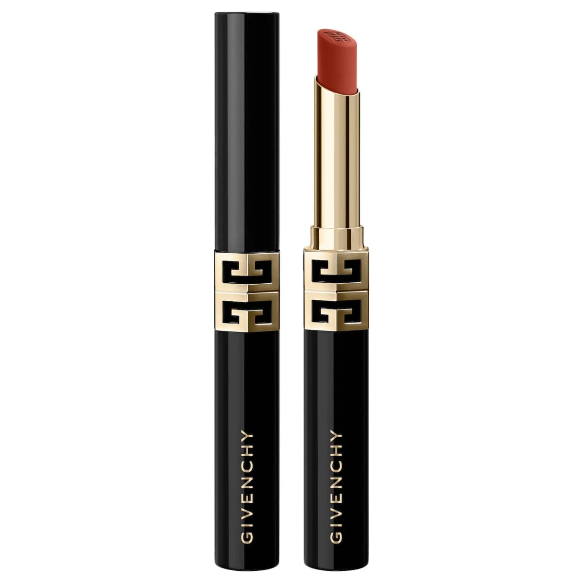 Le Rouge lipstick in slim black case with gold 4G clasp, uncapped to show a terracotta matte bullet in gold sleeve