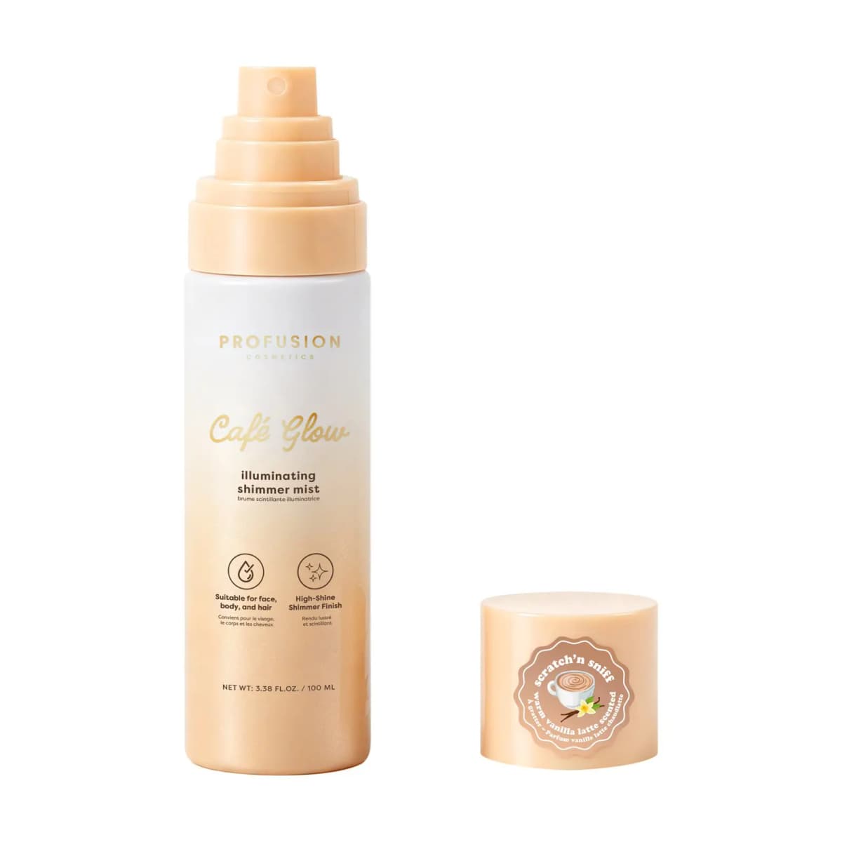 Profusion Café Glow illuminating shimmer mist in a peach bottle beside its cap with a vanilla latte scratch'n sniff sticker.