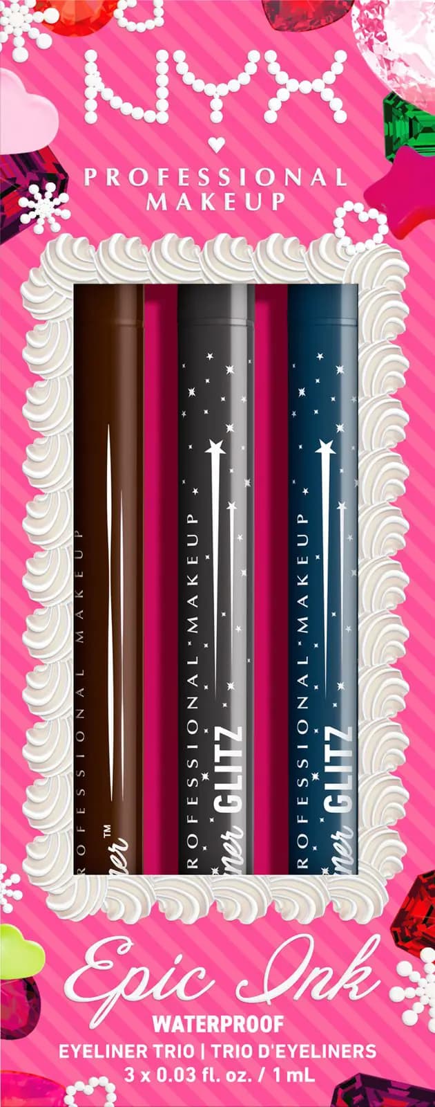 NYX Epic Ink Waterproof Eyeliner Trio in brown, black Glitz and blue Glitz pens in pink cake-frame box.