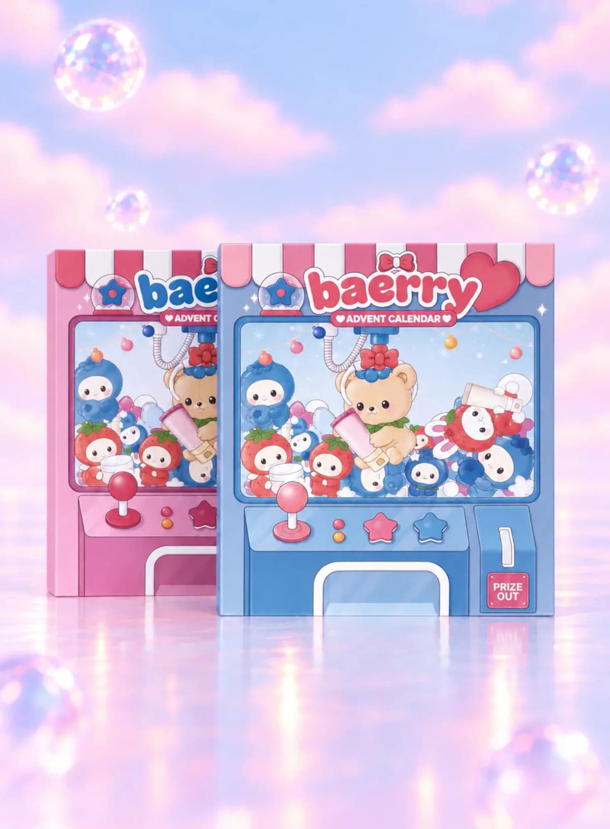Pink and blue Baerry Advent Calendar boxes shaped like claw machines, set against pastel clouds and floating bubbles