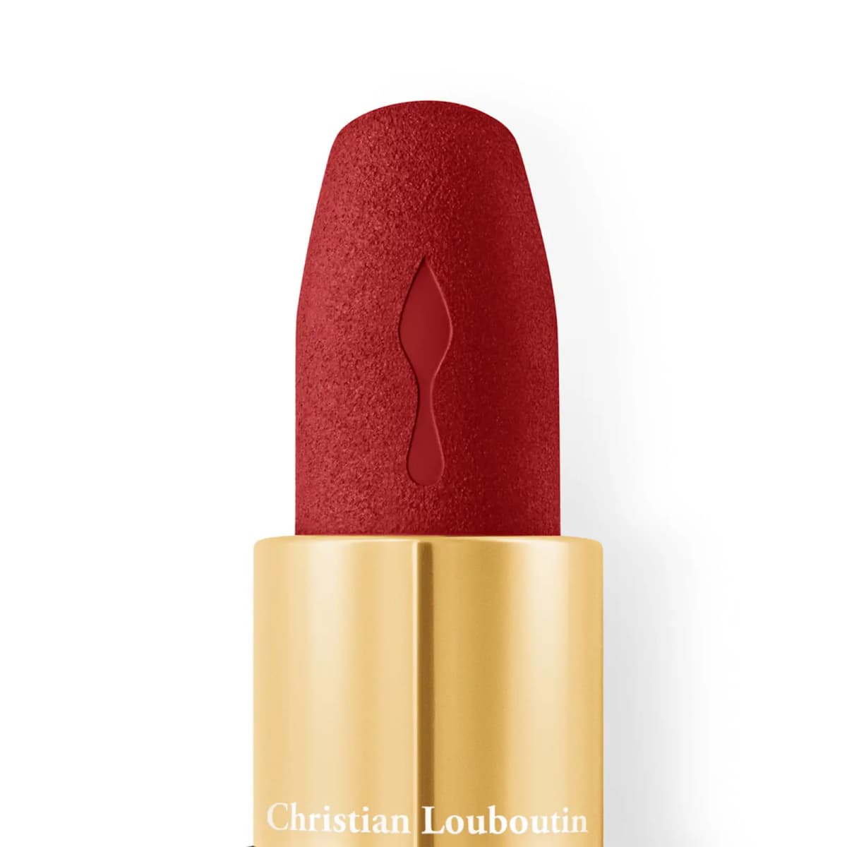 Close-up of the red matte bullet embossed with a sole motif above a gold Christian Louboutin sleeve