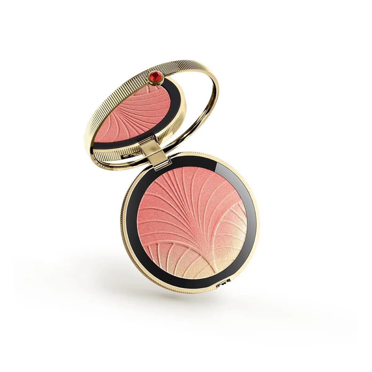 Gold jewelled compact with coral-to-champagne baked blush embossed with a fan pattern