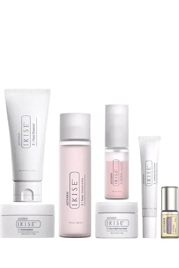 Full IKISE range: cleansing balm, face cleanser, pink toner, dual serum, face cream, eye cream and Immortelle roller