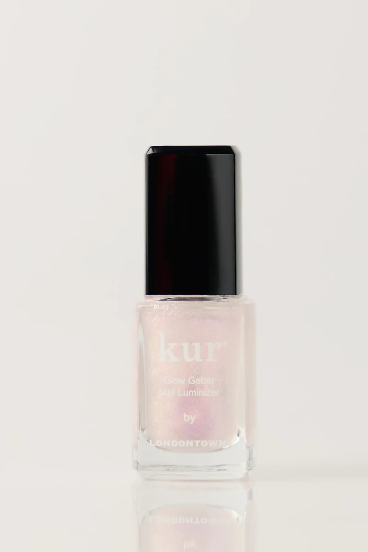 Kur Glow Getter Nail Luminizer by Londontown, sheer pink iridescent shimmer polish with black cap