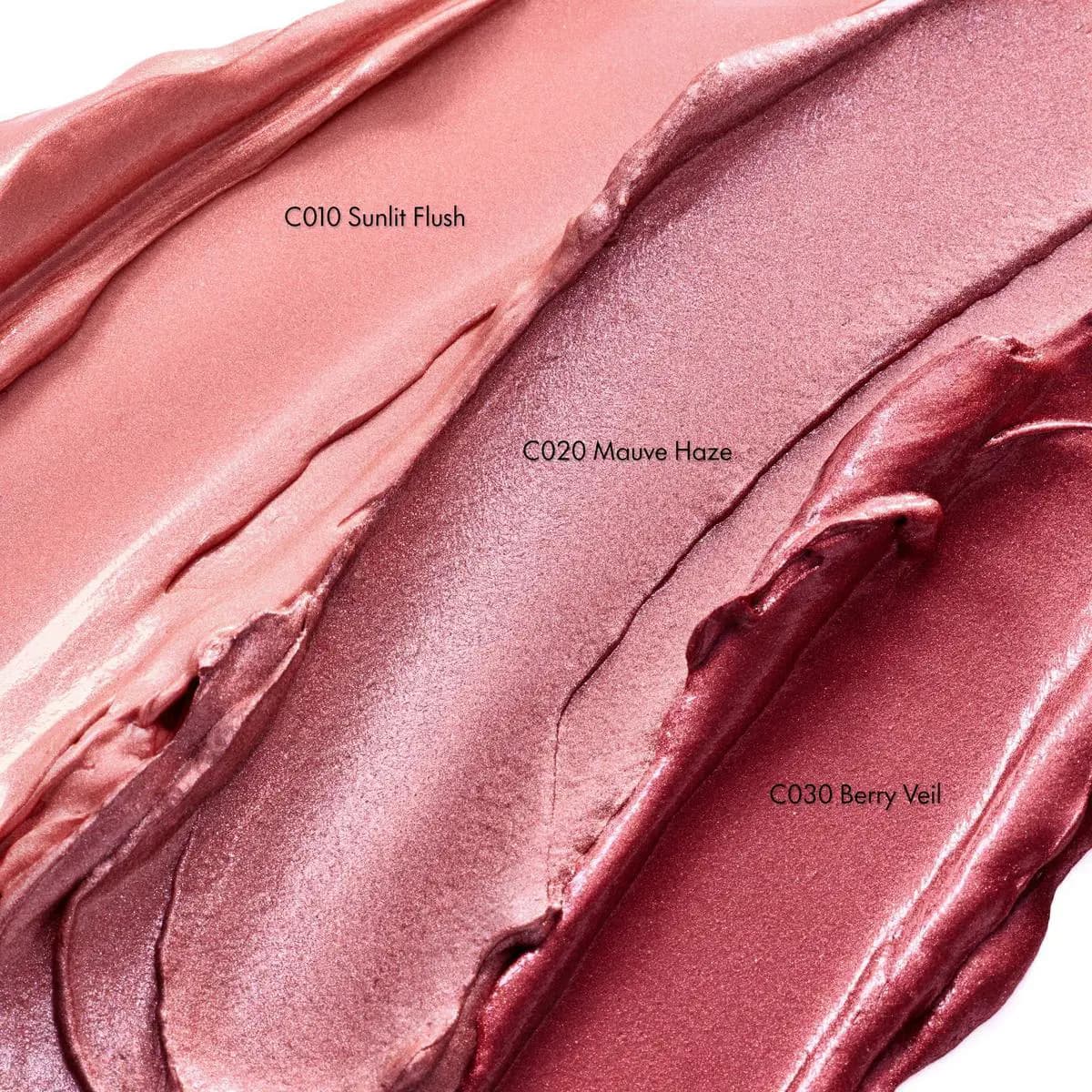 Creamy swatches of shades C010 Sunlit Flush, C020 Mauve Haze and C030 Berry Veil