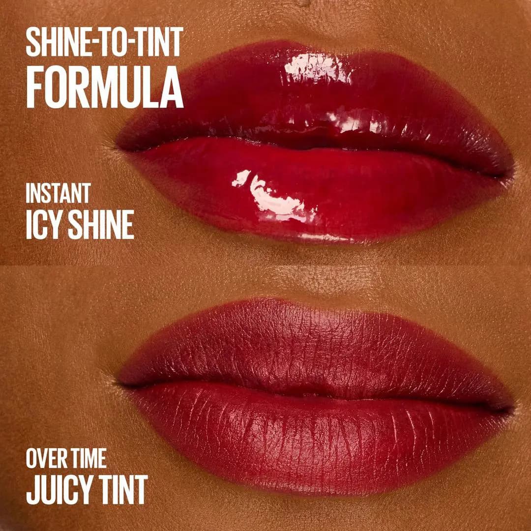 Deep red lips shown glossy as instant icy shine, then softened to a juicy tint over time