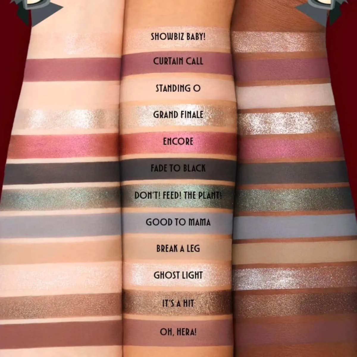 Arm swatches of all 12 shades, from Showbiz Baby! to Oh, Hera!, on light, medium and deep skin tones