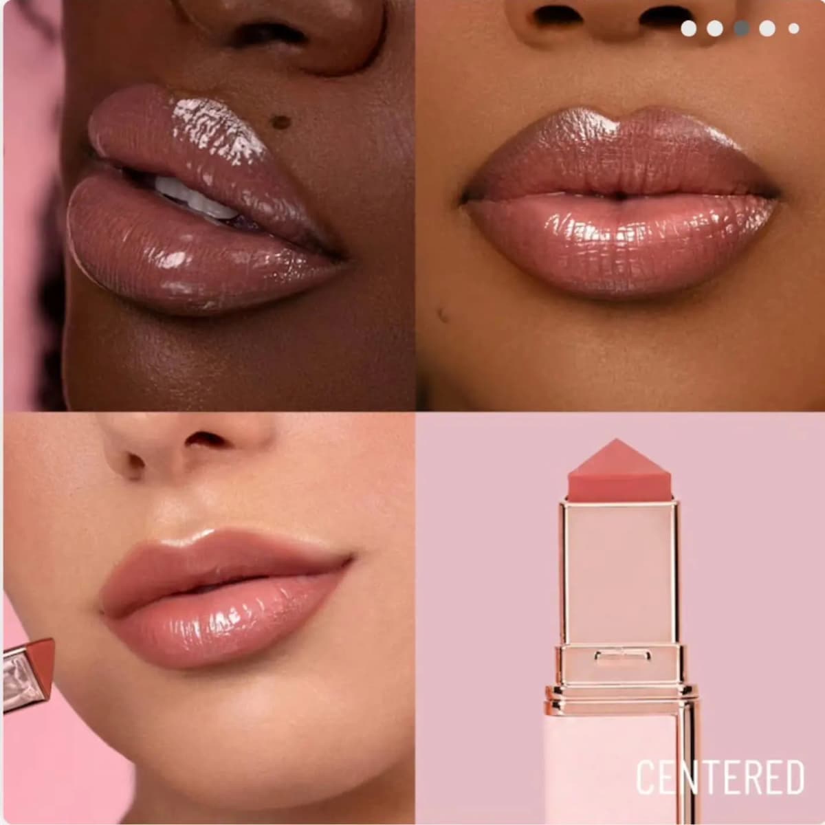 Centered shown on three models as a glossy warm rosy nude, plus a close-up of the rose-tinted balm bullet.